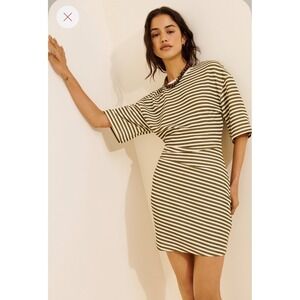 Mon Renn Olive Green Striped Ruched Aura Mini Dress T-Shirt Style | Size Small